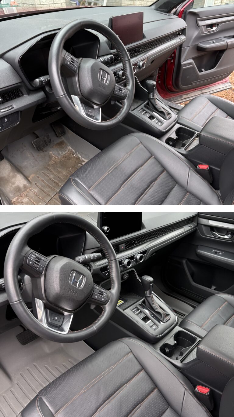 Meticulous dusting and vinyl restoration on a modern car dashboard during an interior car detailing Kingston appointment.
