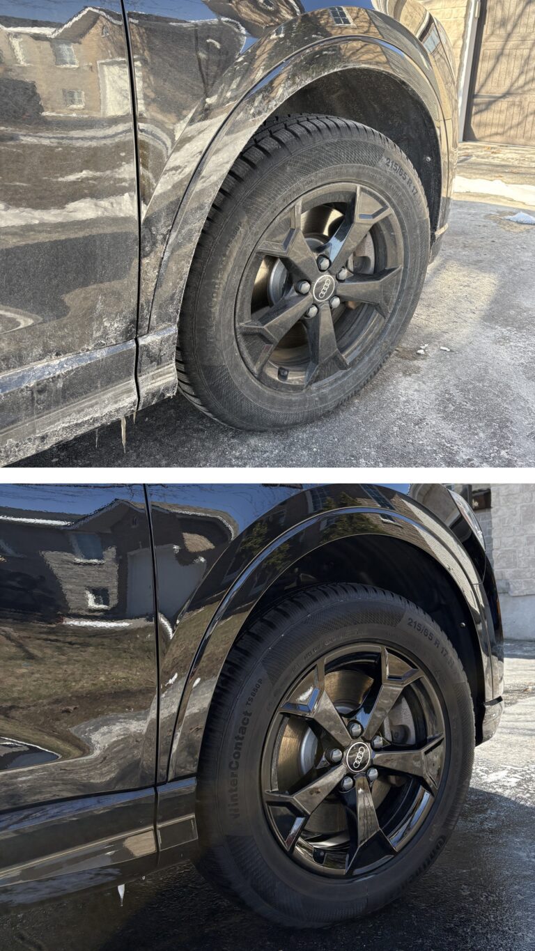 Thorough wheel well cleaning and brake dust removal for a spotless finish during a car detailing Kingston service.